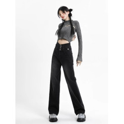 拉夏貝爾超高腰黑色牛仔褲女春秋冬2026新款直筒加絨窄版濶腿褲子