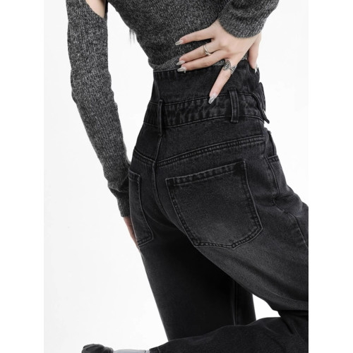 拉夏貝爾超高腰黑色牛仔褲女春秋冬2026新款直筒加絨窄版濶腿褲子