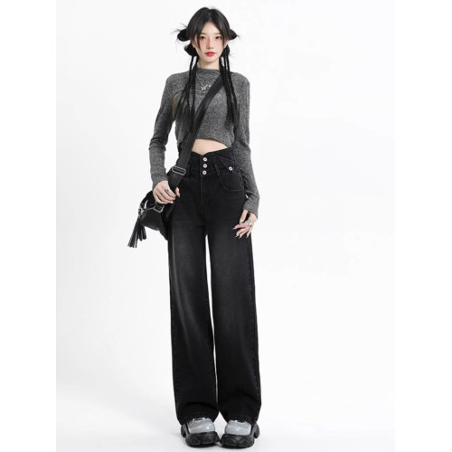 拉夏貝爾超高腰黑色牛仔褲女春秋冬2026新款直筒加絨窄版濶腿褲子