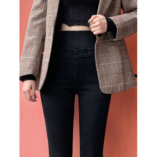 松緊腰高腰加絨牛仔褲女2025新款秋冬季胖mm大碼緊身顯瘦黑色褲子