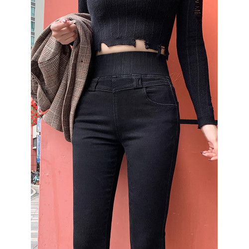 松緊腰高腰加絨牛仔褲女2025新款秋冬季胖mm大碼緊身顯瘦黑色褲子