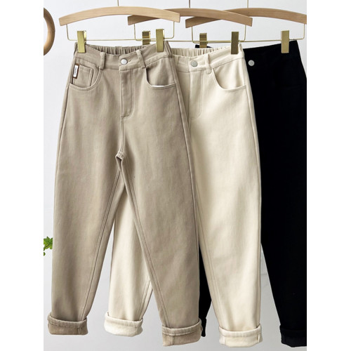 高腰加絨牛仔褲女冬季加厚歐洲站蘿蔔褲小個子寬鬆顯瘦小腳老爹褲