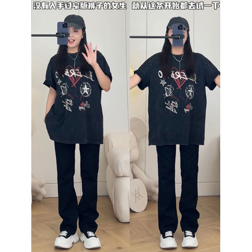 梨形身材窄版直筒牛仔褲女春季新款大碼胖mm高腰顯瘦黑色褲子加長