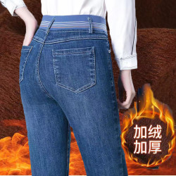 加絨加厚九分牛仔褲女小個子松緊腰彈力冬季保暖褲百搭高腰小腳褲