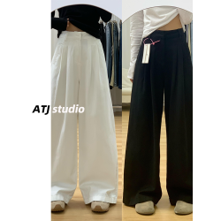 阿頭家白色高腰寬鬆濶腿褲褶皺肌理感直筒牛仔褲女垂感拖地長褲子