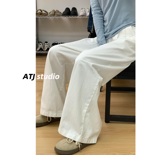 阿頭家白色高腰寬鬆濶腿褲褶皺肌理感直筒牛仔褲女垂感拖地長褲子