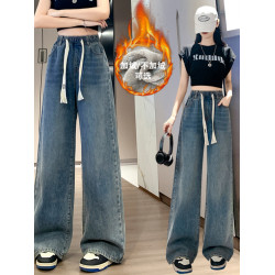 2025秋冬高腰休閒濶腿牛仔長褲女特大碼松緊腰胖MM百搭顯瘦直筒褲