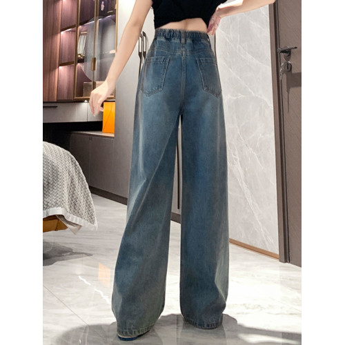 2025秋冬高腰休閒濶腿牛仔長褲女特大碼松緊腰胖MM百搭顯瘦直筒褲