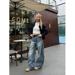 川川也竹節解搆寬鬆彎刀牛仔褲男女美式復古水洗濶腿新款休閒長褲