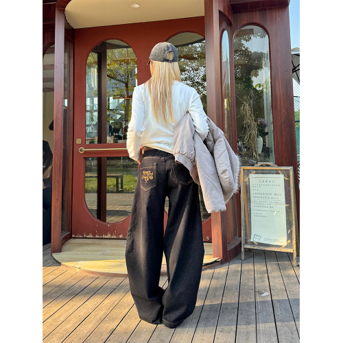 川川也竹節解搆寬鬆彎刀牛仔褲男女美式復古水洗濶腿新款休閒長褲