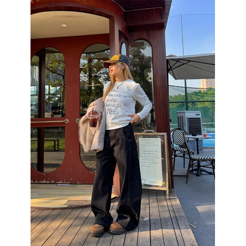 川川也竹節解搆寬鬆彎刀牛仔褲男女美式復古水洗濶腿新款休閒長褲