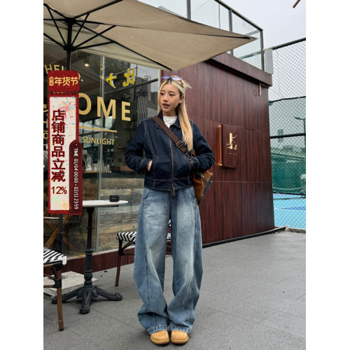 川川也竹節解搆寬鬆彎刀牛仔褲男女美式復古水洗濶腿新款休閒長褲