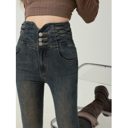 拉夏貝爾高腰牛仔褲女2026新款緊身春秋季彈力小腳修身鉛筆長褲子