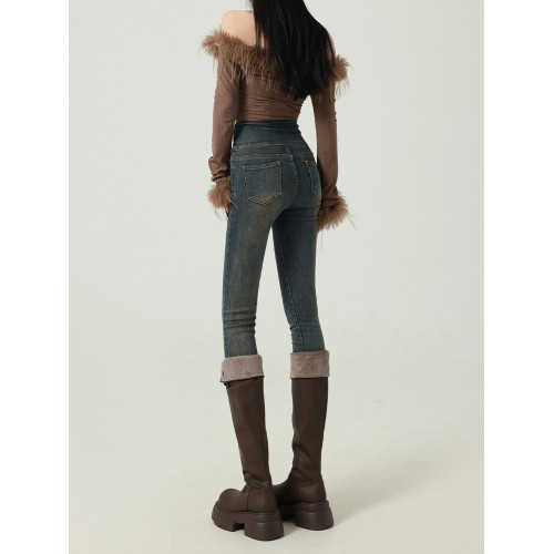 拉夏貝爾高腰牛仔褲女2026新款緊身春秋季彈力小腳修身鉛筆長褲子