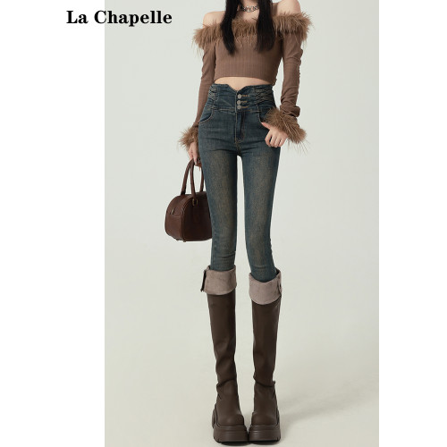 拉夏貝爾高腰牛仔褲女2026新款緊身春秋季彈力小腳修身鉛筆長褲子