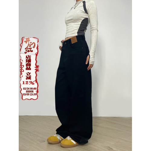 川川也美式高街直筒垂感牛仔褲男女高腰辣妹濶腿復古長褲顯高寬鬆