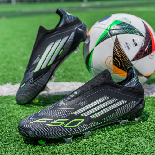 F50黑綠無鞋帶足球鞋男女成人學生FG長釘TF碎釘獵鷹人造草地訓練