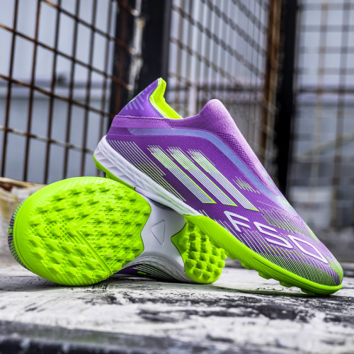 F50黑綠無鞋帶足球鞋男女成人學生FG長釘TF碎釘獵鷹人造草地訓練