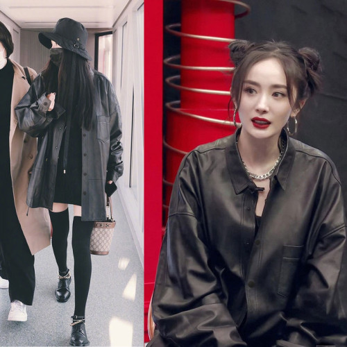 楊冪明星同款女春秋季法式機車PU皮衣外套中長款洋氣黑色襯衫衣服