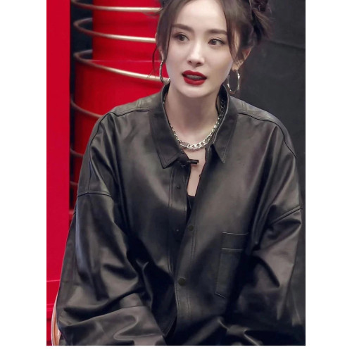 楊冪明星同款女春秋季法式機車PU皮衣外套中長款洋氣黑色襯衫衣服