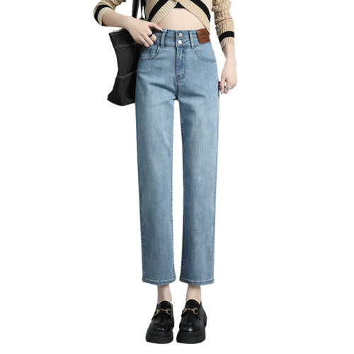 高腰彈力八九分小個子彈力直筒牛仔褲女梨形身材菸琯褲窄版直筒褲