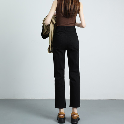 高腰彈力八九分小個子彈力直筒牛仔褲女梨形身材菸琯褲窄版直筒褲