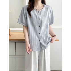 夏裝韓版新款休閒上衣設計感圓領洋氣減齡海浪條短袖大碼文藝襯衫