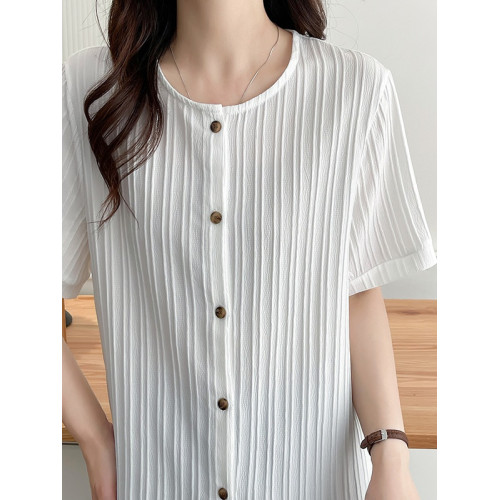 夏裝韓版新款休閒上衣設計感圓領洋氣減齡海浪條短袖大碼文藝襯衫