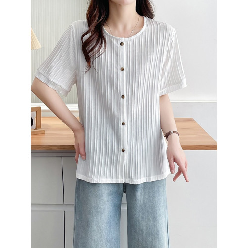 夏裝韓版新款休閒上衣設計感圓領洋氣減齡海浪條短袖大碼文藝襯衫