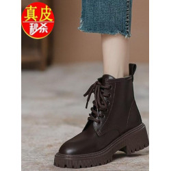品牌真皮系帶馬丁靴女2025秋冬新款英倫風棕色短靴厚底防滑靴子女