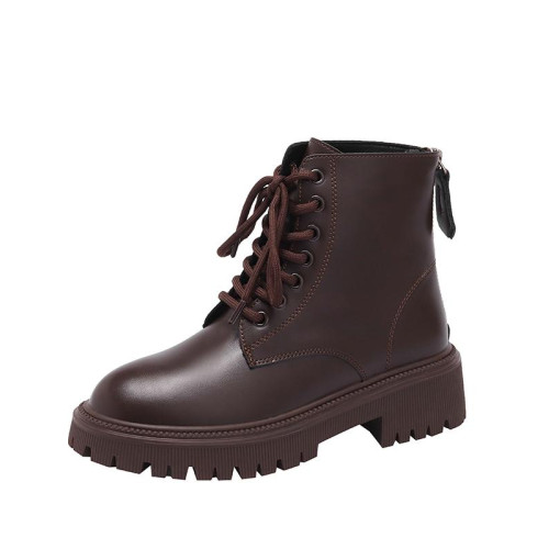 品牌真皮系帶馬丁靴女2025秋冬新款英倫風棕色短靴厚底防滑靴子女