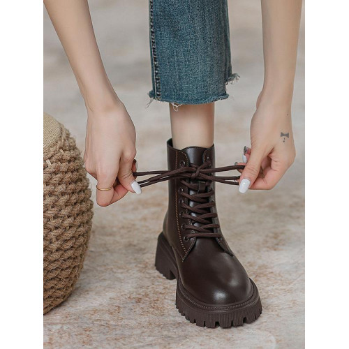 品牌真皮系帶馬丁靴女2025秋冬新款英倫風棕色短靴厚底防滑靴子女