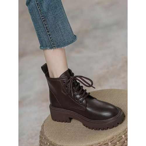 品牌真皮系帶馬丁靴女2025秋冬新款英倫風棕色短靴厚底防滑靴子女