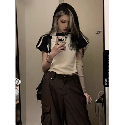 機能風辣妹正肩短袖T恤女夏季新款美式修身小衆Polo領短款上衣潮