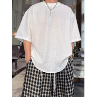 冰絲提花小方塊紋理感短袖T恤男士夏季簡約時尚高彈休閒圓領半袖