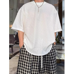 冰絲提花小方塊紋理感短袖T恤男士夏季簡約時尚高彈休閒圓領半袖