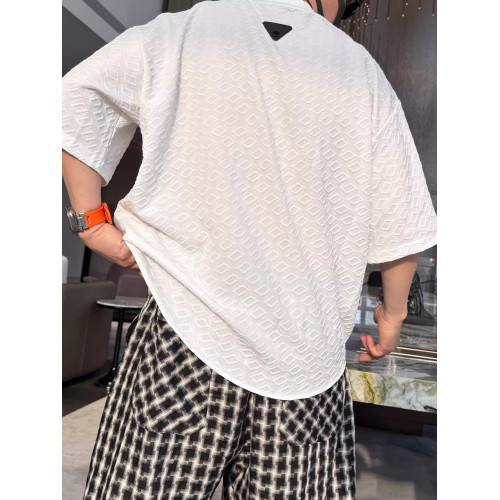 冰絲提花小方塊紋理感短袖T恤男士夏季簡約時尚高彈休閒圓領半袖