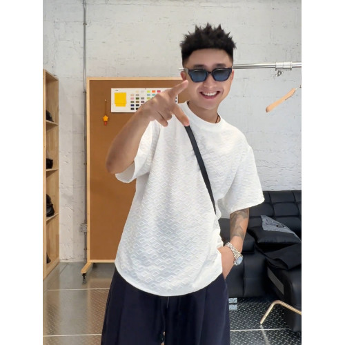 冰絲提花小方塊紋理感短袖T恤男士夏季簡約時尚高彈休閒圓領半袖