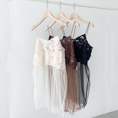 S2  夏季新款 超仙曡穿神器 盤綉花朵薄紗吊帶背心上衣女