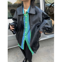 黑色皮衣外套女復古街頭感西裝pu皮外套寬鬆美式夾克機車上衣春秋