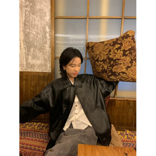 黑色皮衣外套女復古街頭感西裝pu皮外套寬鬆美式夾克機車上衣春秋