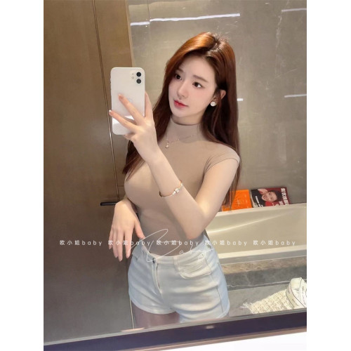 夏季新款辣妹彈力百搭短款半高領修身純欲螺紋性感無袖背心T恤女