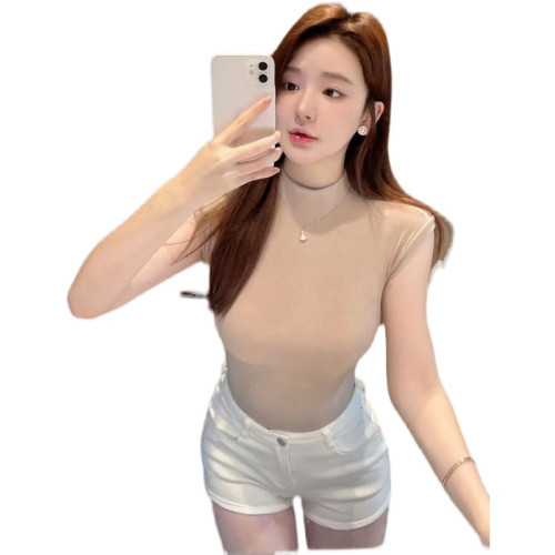 夏季新款辣妹彈力百搭短款半高領修身純欲螺紋性感無袖背心T恤女