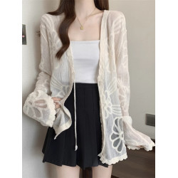 大碼蕾絲V領防曬長袖襯衫女夏季胖mm中長款鏤空系帶上衣外搭罩衫