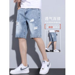 牛仔短褲男士夏季薄款無彈2025新款破洞寬鬆直筒5分休閒五分中褲