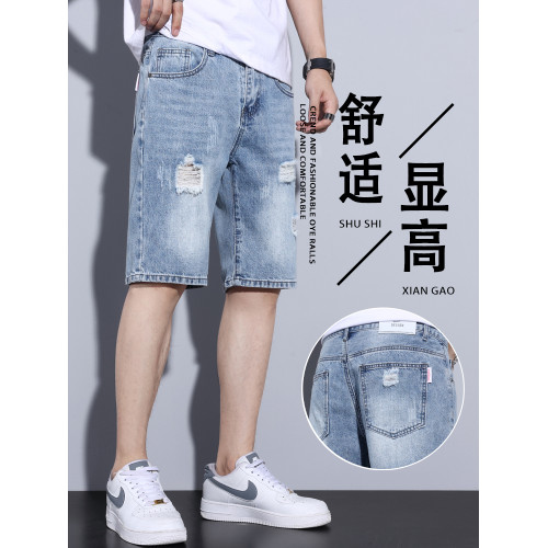 牛仔短褲男士夏季薄款無彈2025新款破洞寬鬆直筒5分休閒五分中褲