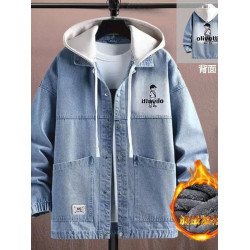 秋冬季加絨加厚連帽牛仔外套男可脫卸帽潮流帥氣學生百搭工裝夾克