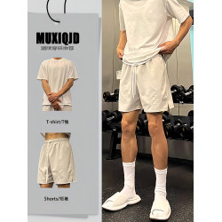 美式健身運動短褲休閒慵懶風套裝男夏季冰絲速乾褲子跑步四五分褲
