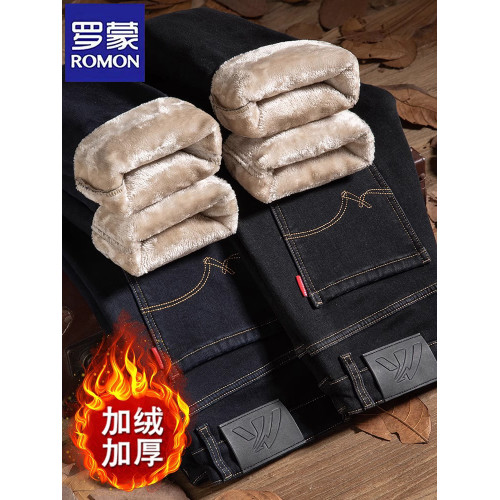 羅矇高級加絨超厚男士牛仔褲冬季新款直筒寬鬆羊羔絨休閒保暖褲子