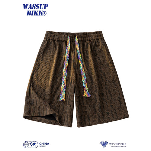 WASSUP BIKK美式格紋抽繩短褲男夏季寬鬆沙灘褲休閒運動五分褲子